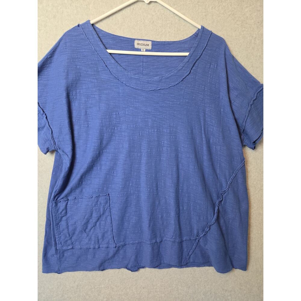 IRIDIUM Cotton Blue Lagenlook SS Frayed Seam Pocket Loose Fit Top Women's XL - Picture 2 of 12